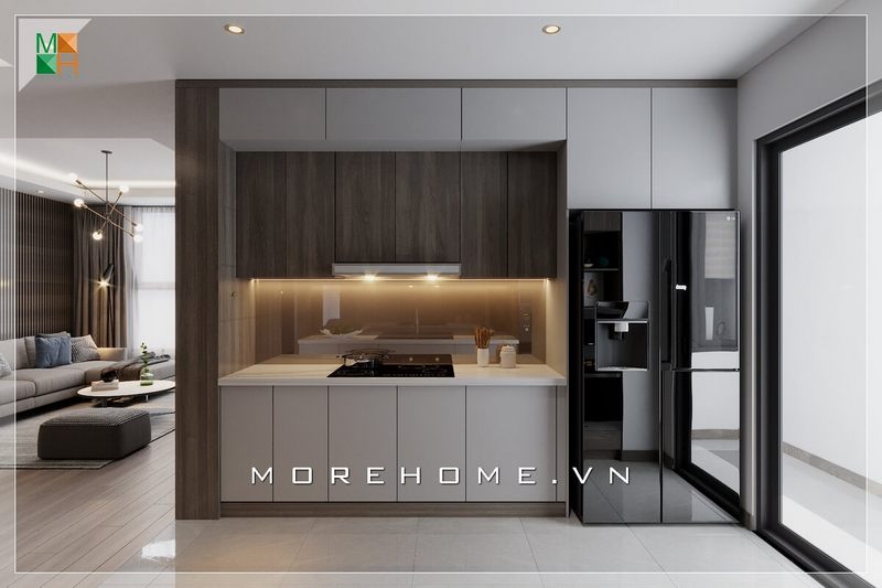 Thiết kế nội thất phòng bếp đẹp với nội thất gỗ công nghiệp tone màu trắng- nâu tạo nên không gian thoáng đãi và rộng rãi hơn