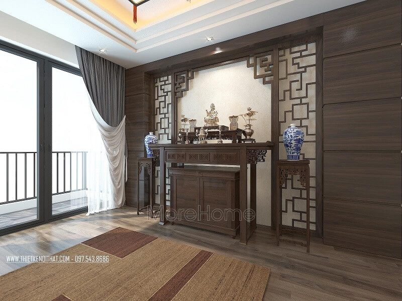 Mẫu thiết kế phòng thờ tổ tiên hiện đại gỗ tự nhiên với tông màu nâu trầm mang đến vẻ đẹp trang trọng.
