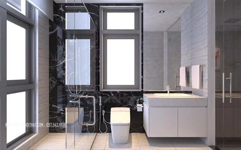 Vách tắm kính mở quay cùng gạch ốp tường đen vân trắng đã tạo nên vẻ đẹp độc đáo, sang trọng cho phòng tắm hiện đại.