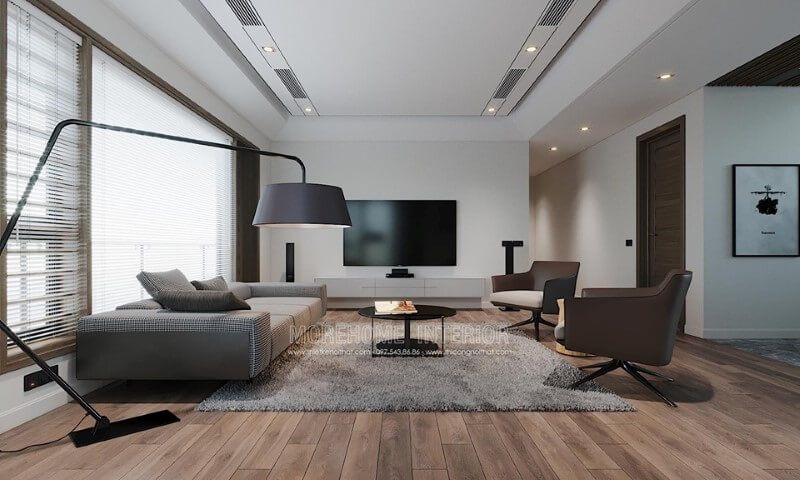Sự lựa chọn của màu trắng sẽ làm cho thiết kế phòng khách hiện đại trở lên rộng rãi và đẹp hơn.