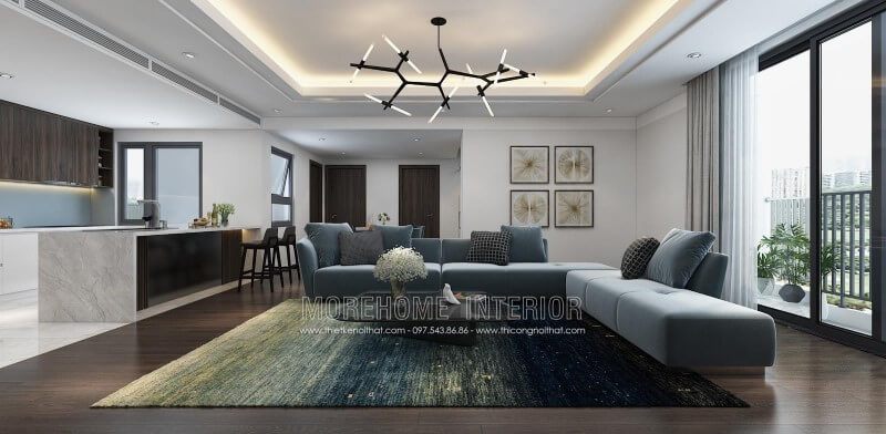 Ghế sofa L bọc nỉ màu xanh nhạt sẽ giúp tạo ra một không gian thanh thoát, nhẹ nhàng cho phòng khách của bạn.