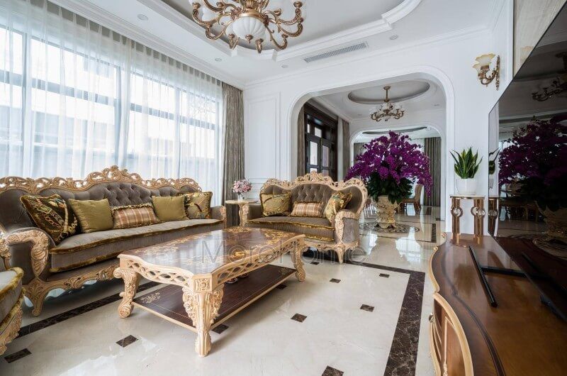 Đây là một công trình thi công nội thất phòng khách cao cấp với phong cách cổ điển sang trọng tại biệt thự Vinhomes Imperia Hải Phòng.
