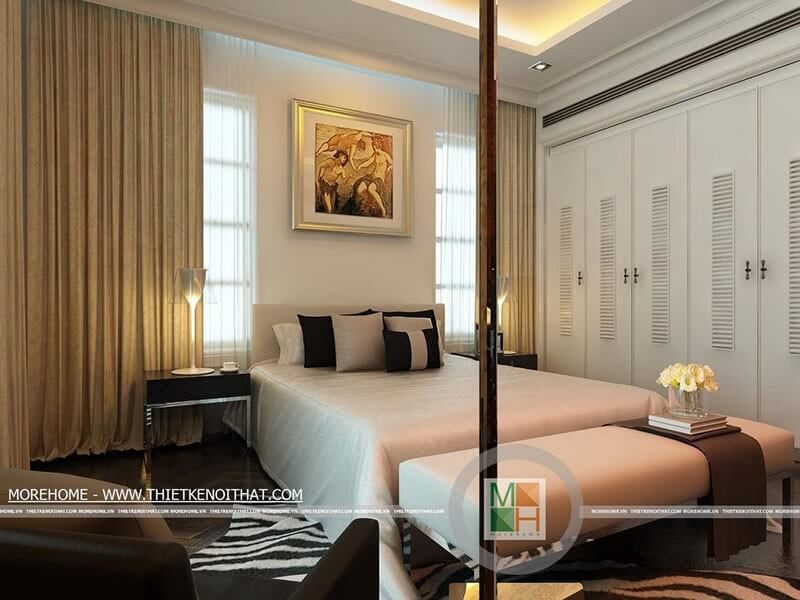 Thiết kế âm tường của mẫu tủ quần áo màu trắng sữa giúp tăng lượng không gian trong căn phòng.